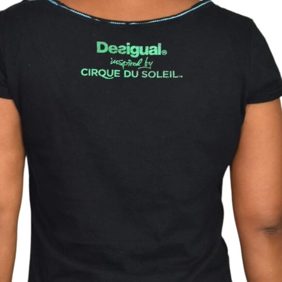 Desigual Cirque du Soleil Tee Black Foil Metallic Sharkbite T Shirt Size Small - Picture 5 of 15